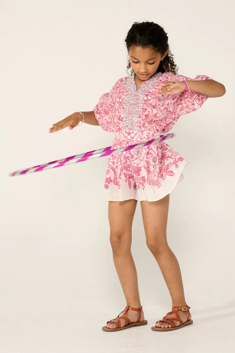 Short Jumpsuit Chantal for girls - Pink Tiare sold by Poupette St Barth