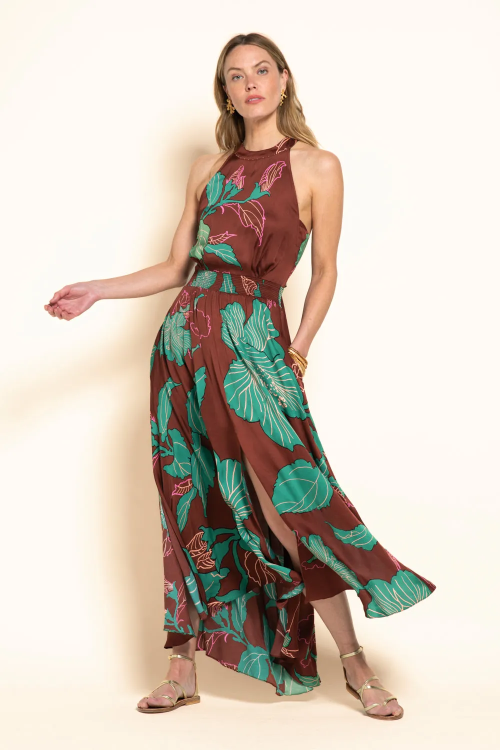 Long Dress Clea - Brown Hibiscus sold by Poupette St Barth