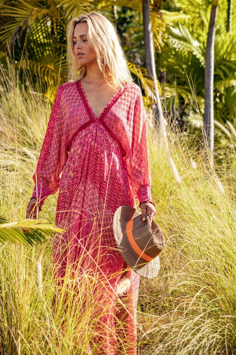 Long Kaftan Allegra - Pink Batik Stripe sold by Poupette St Barth