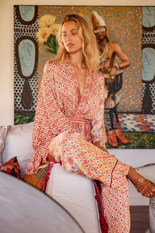 Kimono Alexia - White Pink Diagonal Batik sold by Poupette St Barth