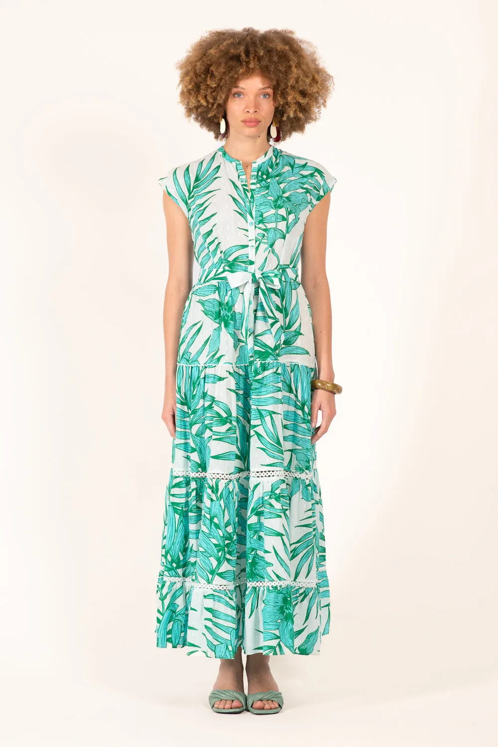 Long Dress Kora - Green Palm Leaf sold by Poupette St Barth