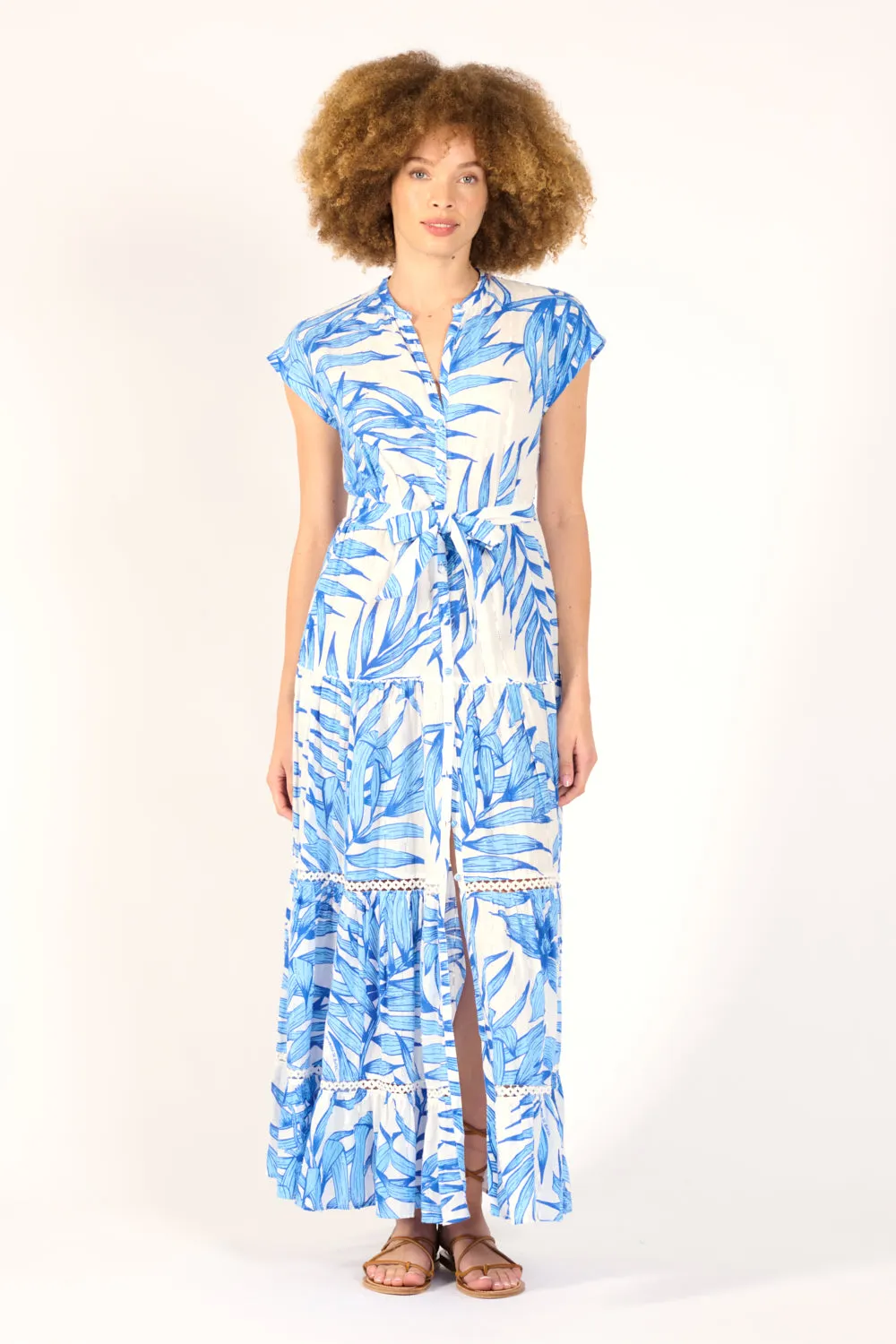 Long Dress Kora - Blue Palm Leaf sold by Poupette St Barth