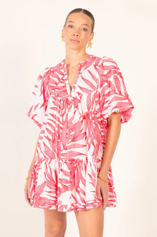 Mini Dress Cruz - Pink Palm Leaf sold by Poupette St Barth