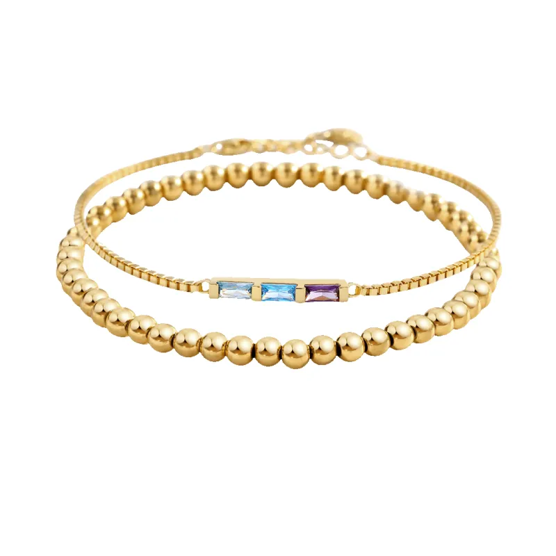 Dainty Baguette Birthstone Bracelet and Beaded Stacking Bracelet Set sold by Mint & Lilly