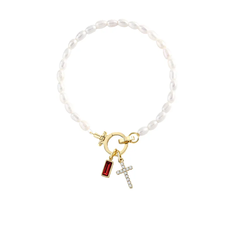 Pearl Cross Charm Bracelet made by Mint & Lilly