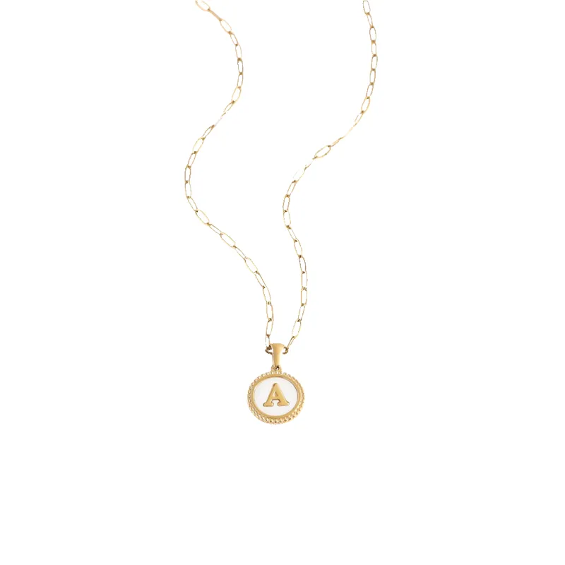 Mother of Pearl Disc Letter Necklace with Paperclip Chain made by Mint & Lilly