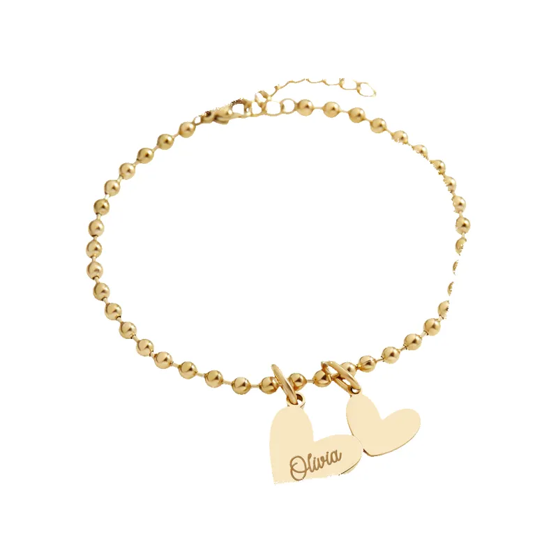 Personalized Beaded Double Heart Charm Bracelet sold by Mint & Lilly
