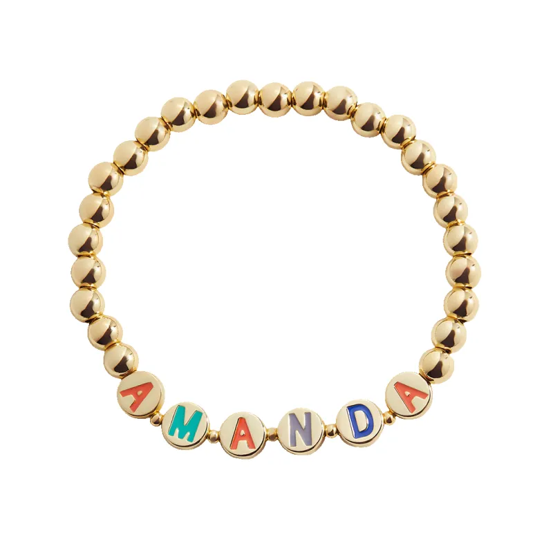 Custom Rainbow Letter Gold Disc Beaded Bracelet sold by Mint & Lilly