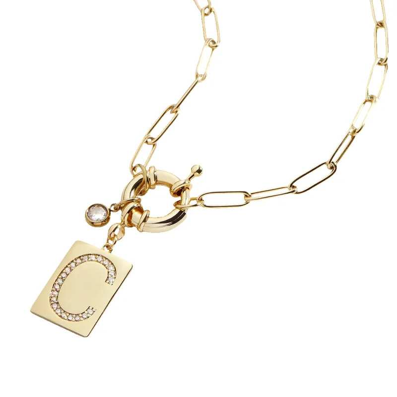 Pave Initial Pendant Necklace with Paperclip Chain sold by Mint & Lilly