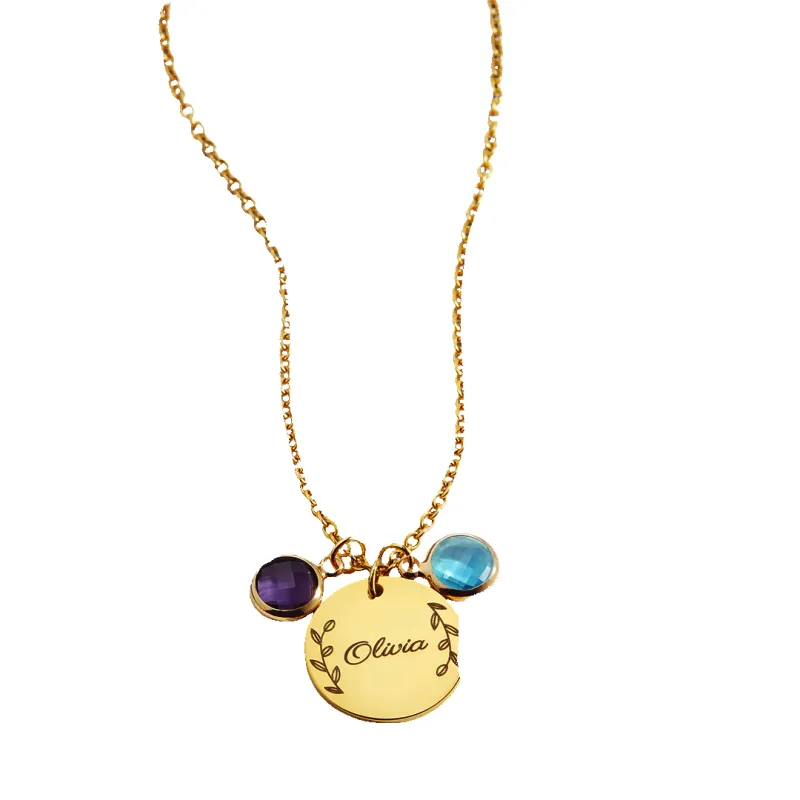 Engraved Birthstone Pendant Necklace with Leaves sold by Mint & Lilly