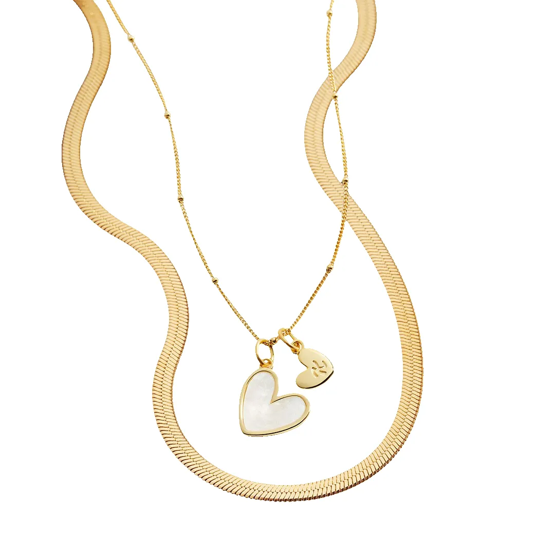 Mother Of Pearl Initial Heart & Herringbone Necklace Set sold by Mint & Lilly