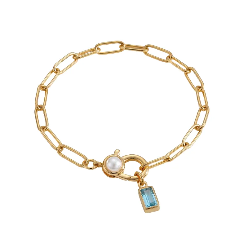 Paperclip Bracelet with Pearl Accent with Dainty Baguette Birthstone Charm made by Mint & Lilly