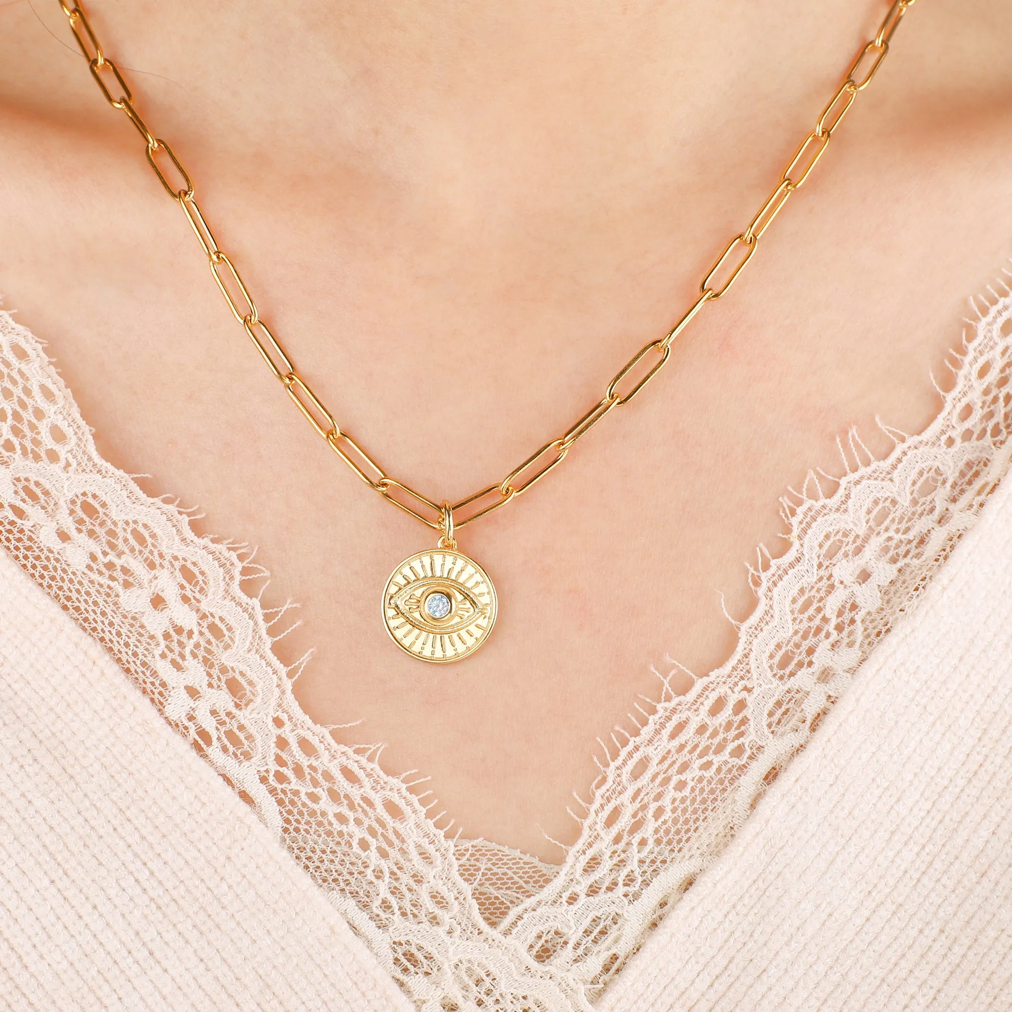 Evil Eye Coin Pendant Necklace with Paperclip Chain sold by Mint & Lilly product image thumbnail 2