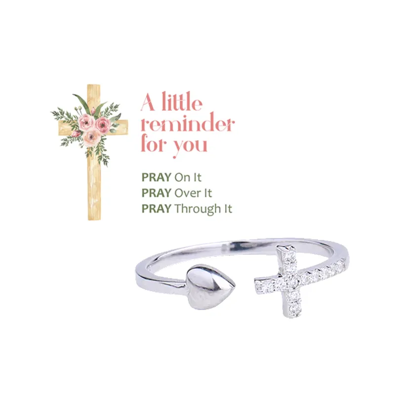 Adjustable Pray Through It Cross & Heart Ring made by Mint & Lilly