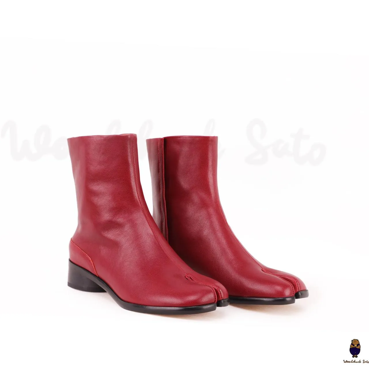 WoodchuckSato Crimson Red Cow Leather Tabi Ankle Boots with 3 cm Heel sold by WoodChuckSato