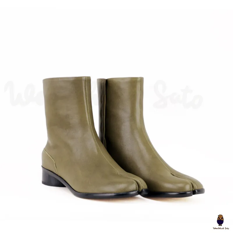 WoodchuckSato Olive Green Cow Leather Tabi Ankle Boots with 3 cm Heel sold by WoodChuckSato