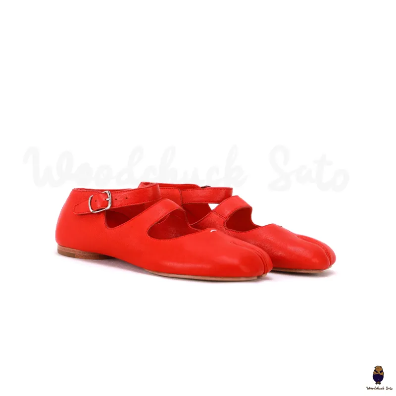 WoodChuckSato Women's Men's Bright Red Tabi Split-Toe Sheep Leather Mary Jane Shoes with Buckle Strap Sizes EU 35-44 sold by WoodChuckSato