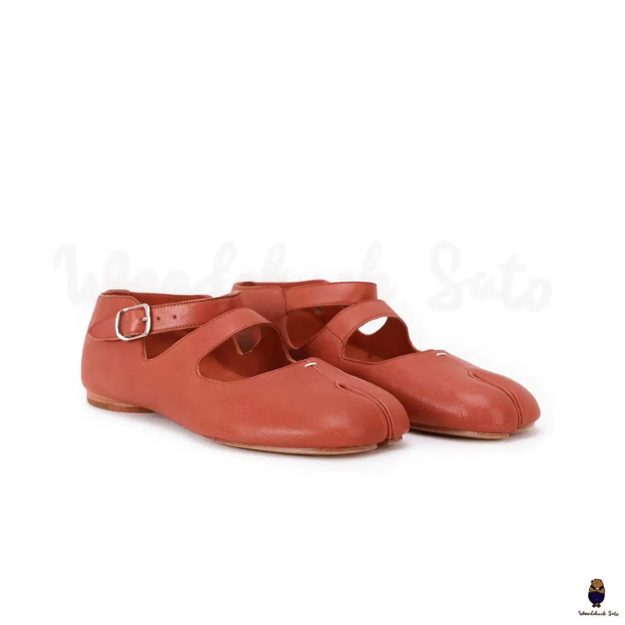 WoodChuckSato Women's Men's Brick Red Tabi Split-Toe Sheep Leather Mary Jane Shoes with Buckle Strap Sizes EU 35-44 sold by WoodChuckSato
