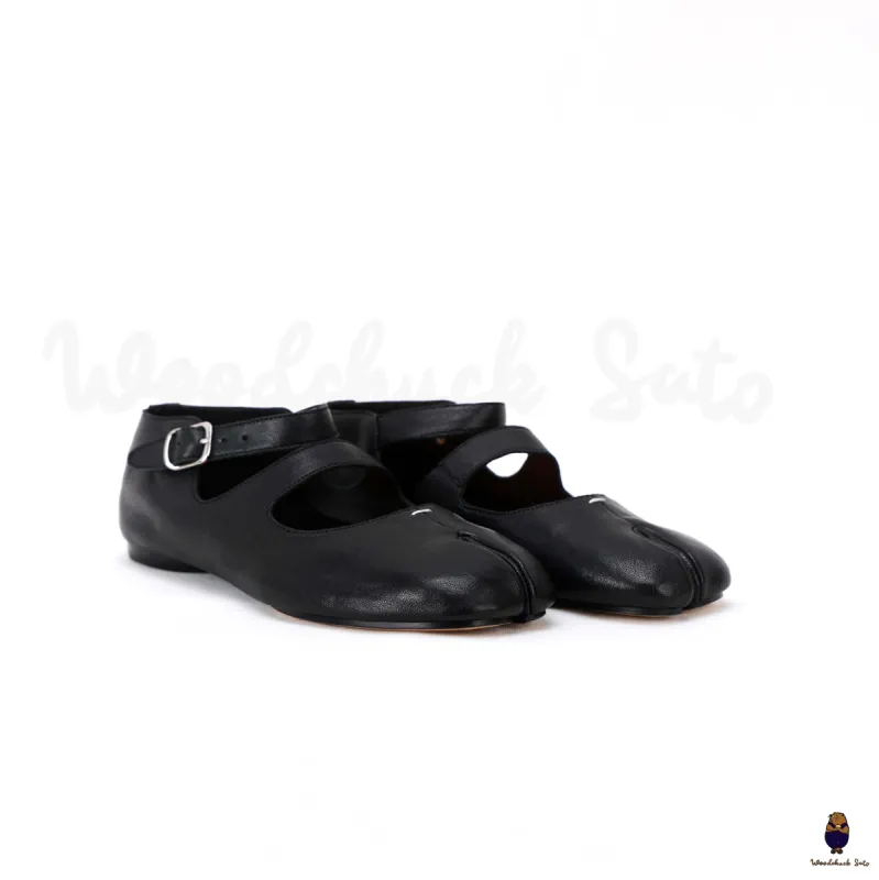 WoodChuckSato Women's Men's Black Tabi Split-Toe Sheep Leather Mary Jane Shoes with Buckle Strap Sizes EU 35-44 sold by WoodChuckSato