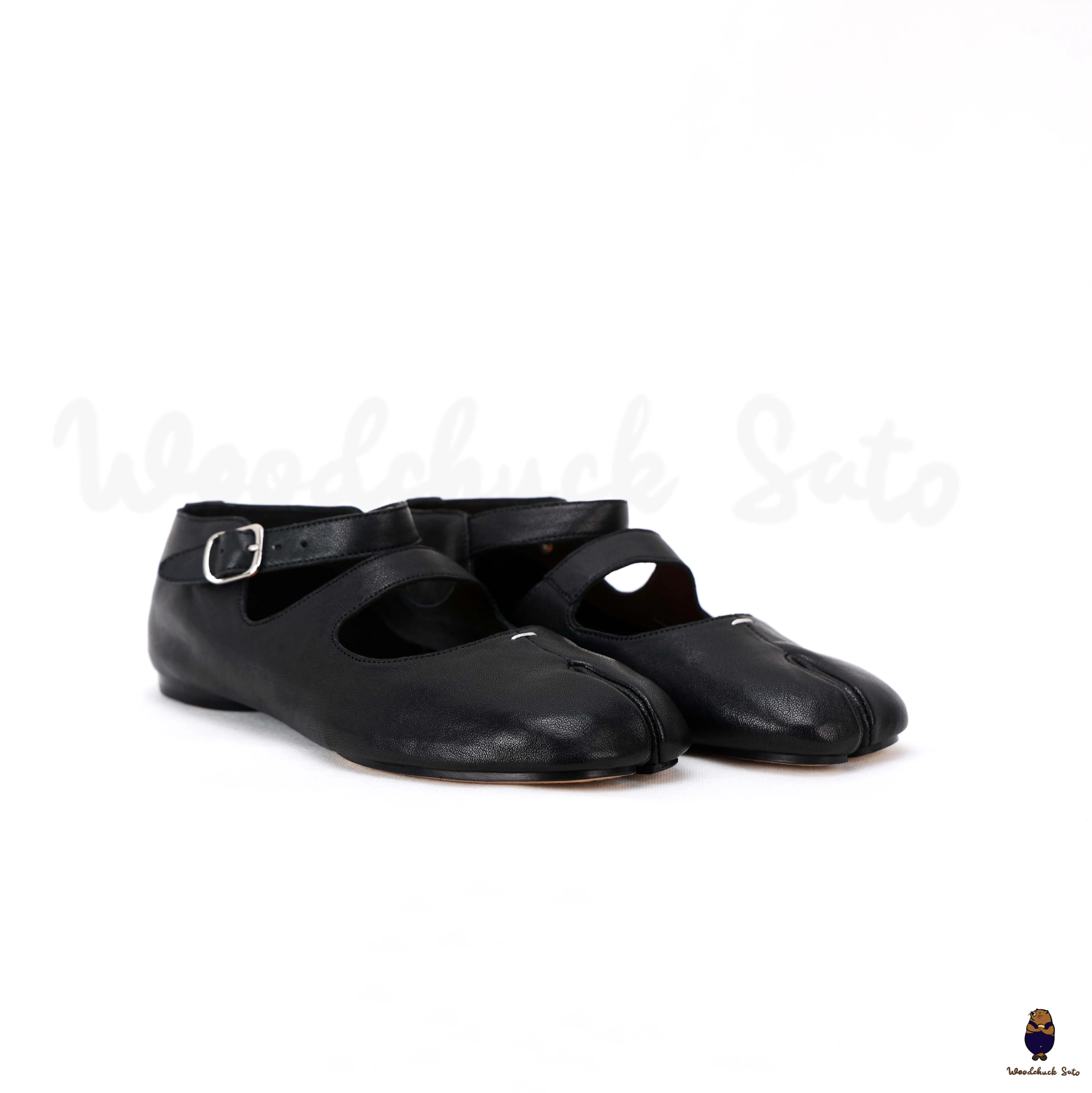 WoodChuckSato Women's Men's Black Tabi Split-Toe Sheep Leather Mary Jane Shoes with Buckle Strap Sizes EU 35-44 sold by WoodChuckSato