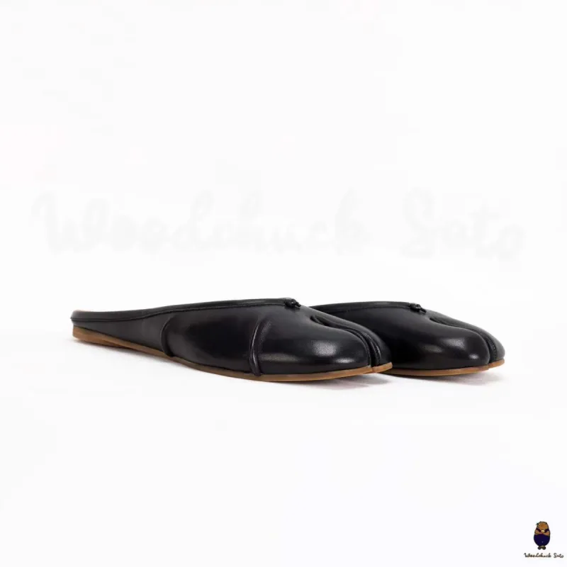 WoodchuckSato Black Leather Tabi Mules with Ruched sold by WoodChuckSato
