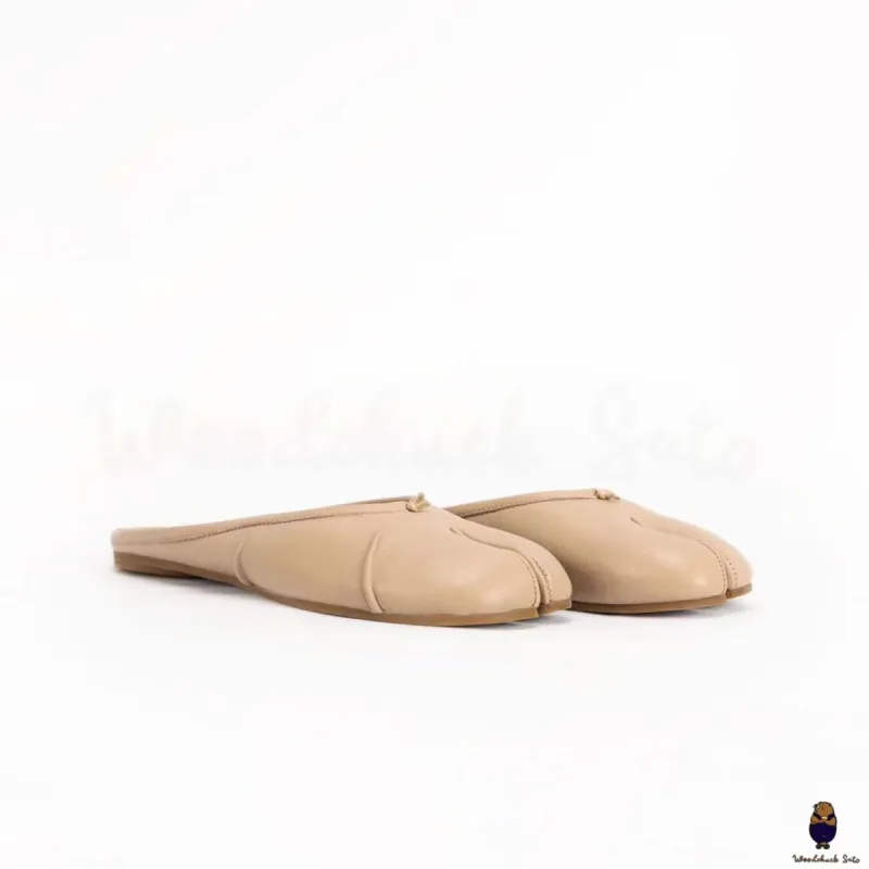 WoodchuckSato Beige Leather Tabi Mules with Ruched sold by WoodChuckSato
