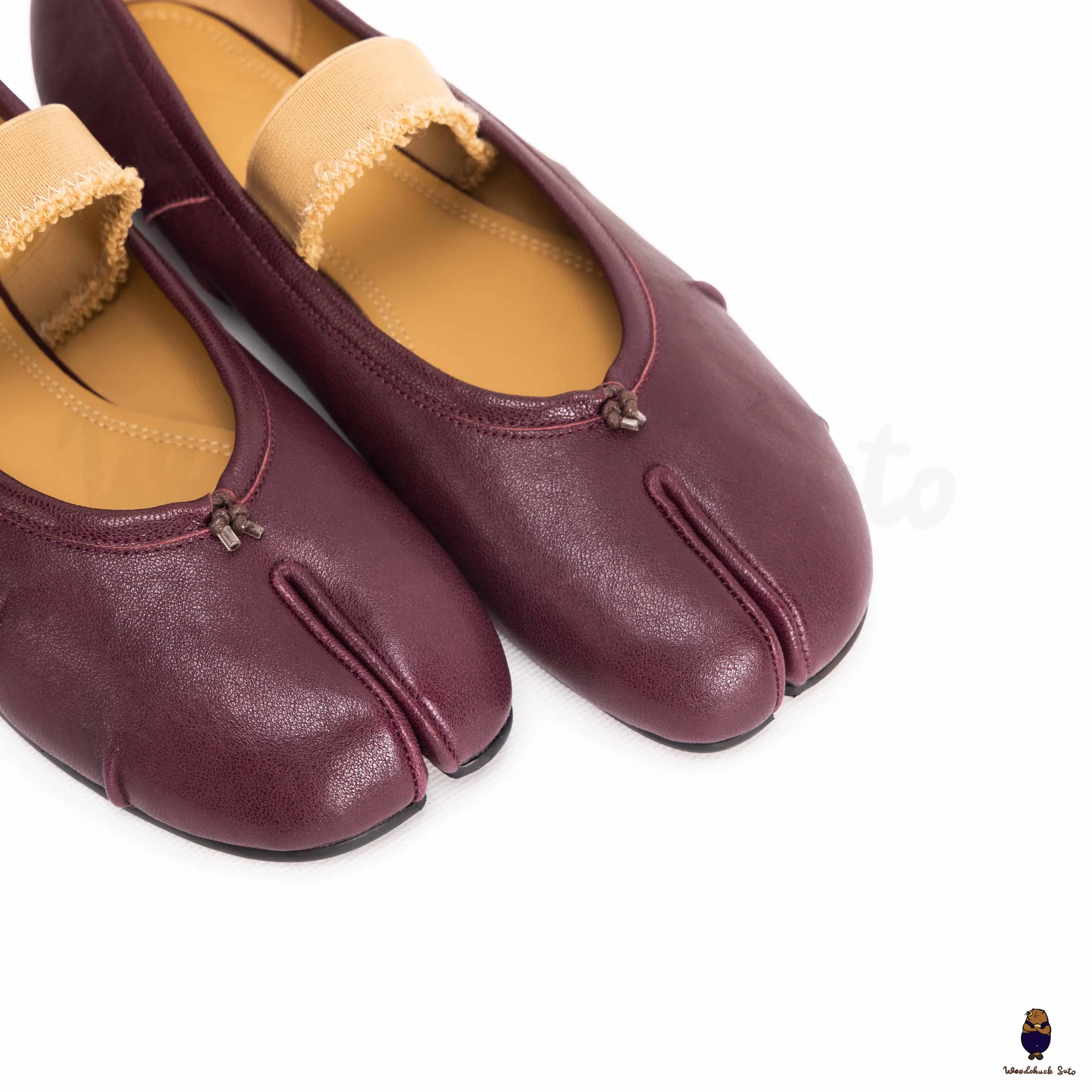 WoodchuckSato Burgundy Leather Tabi Flats with Ruched and Elastic Strap sold by WoodChuckSato product image thumbnail 5