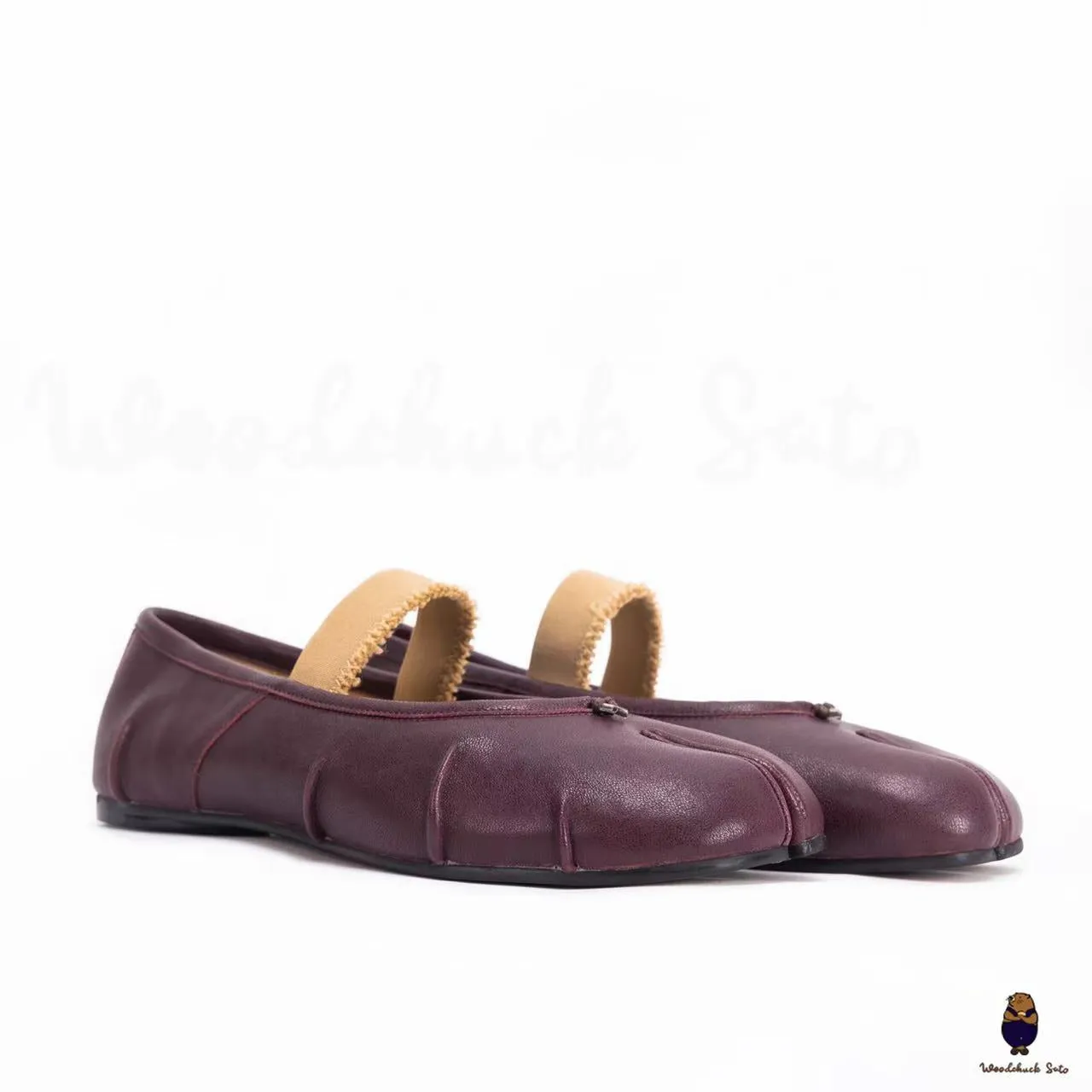 WoodchuckSato Burgundy Leather Tabi Flats with Ruched and Elastic Strap sold by WoodChuckSato