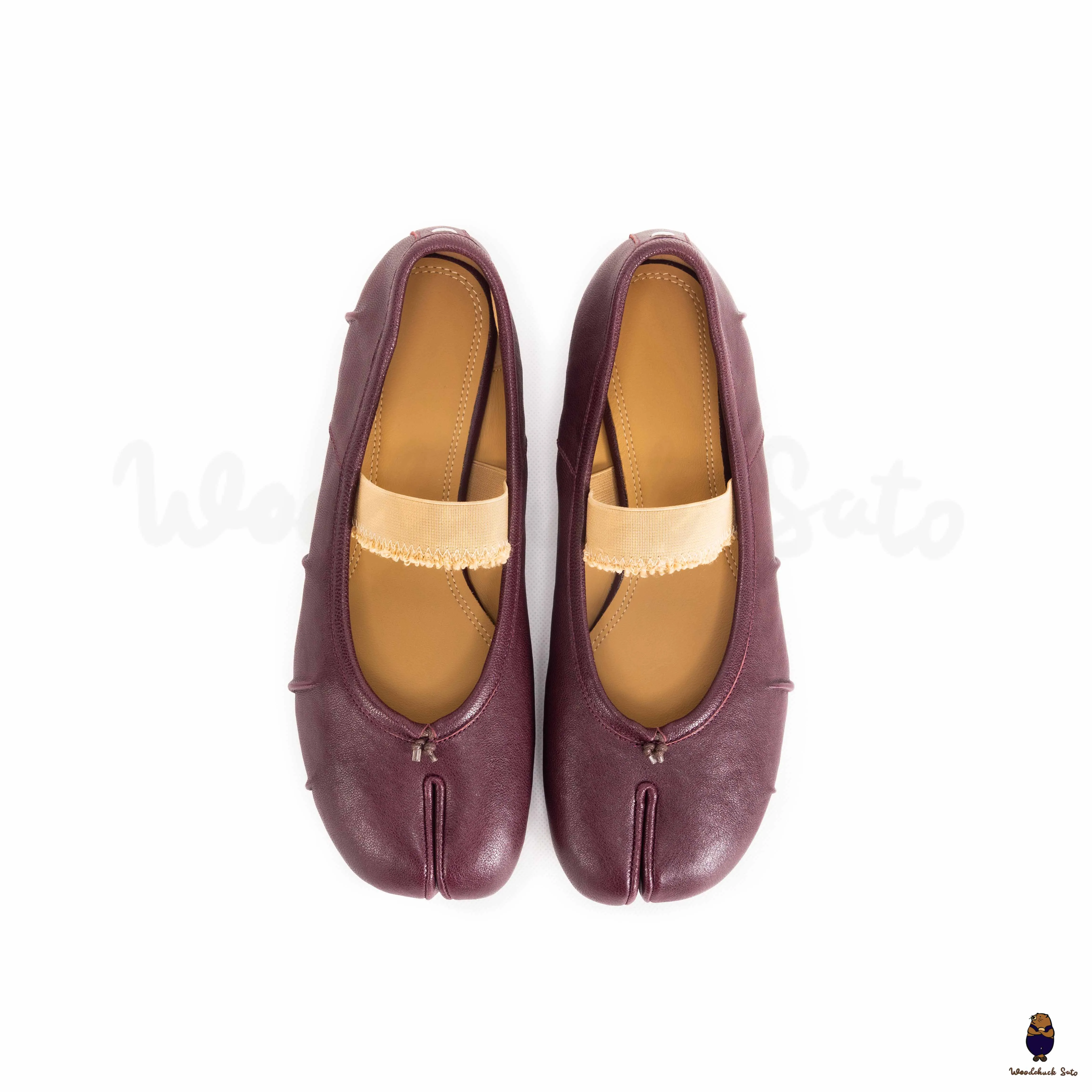 WoodchuckSato Burgundy Leather Tabi Flats with Ruched and Elastic Strap sold by WoodChuckSato product image thumbnail 2