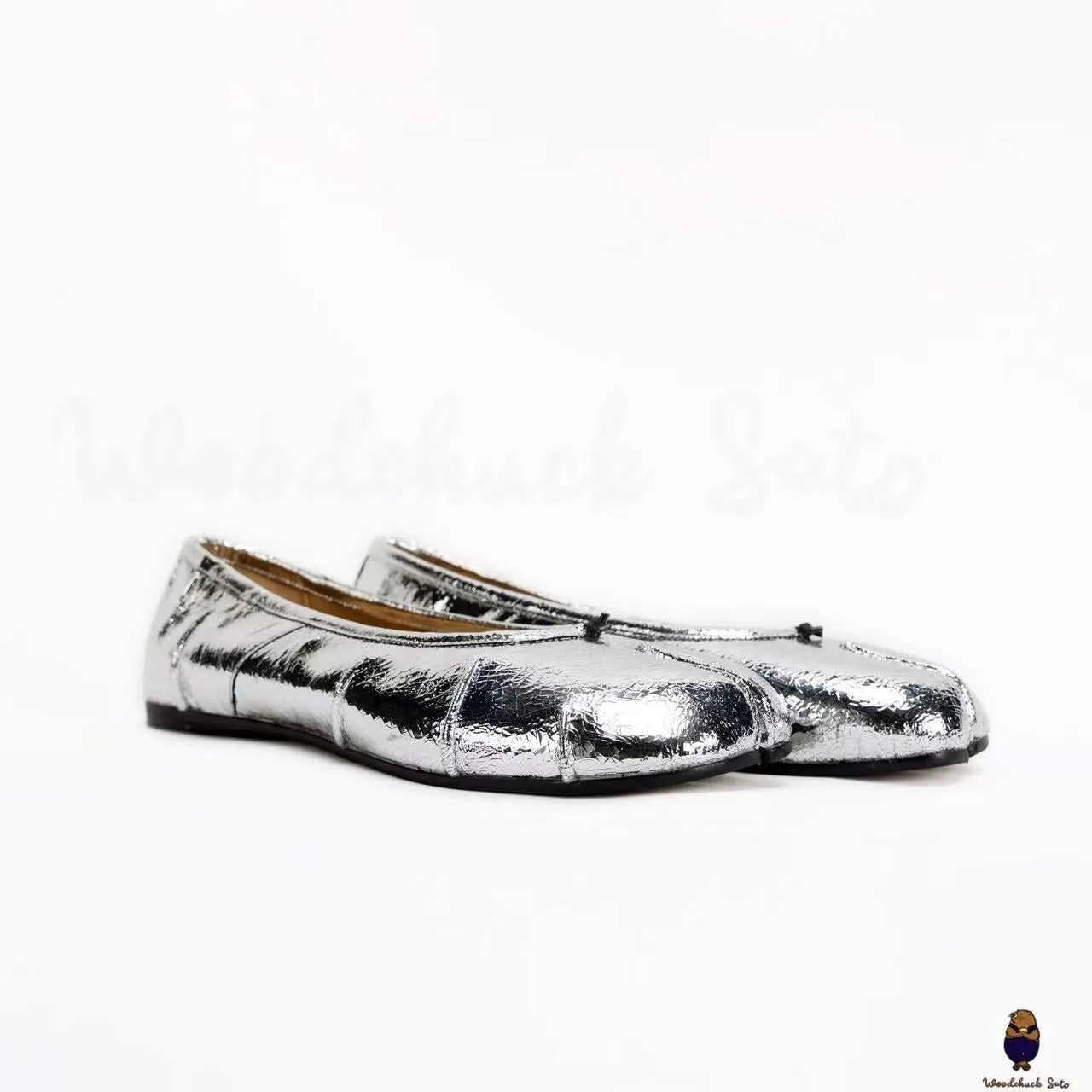 WoodchuckSato Silver Cracked Leather Tabi Ballet Flats with Ruched sold by WoodChuckSato
