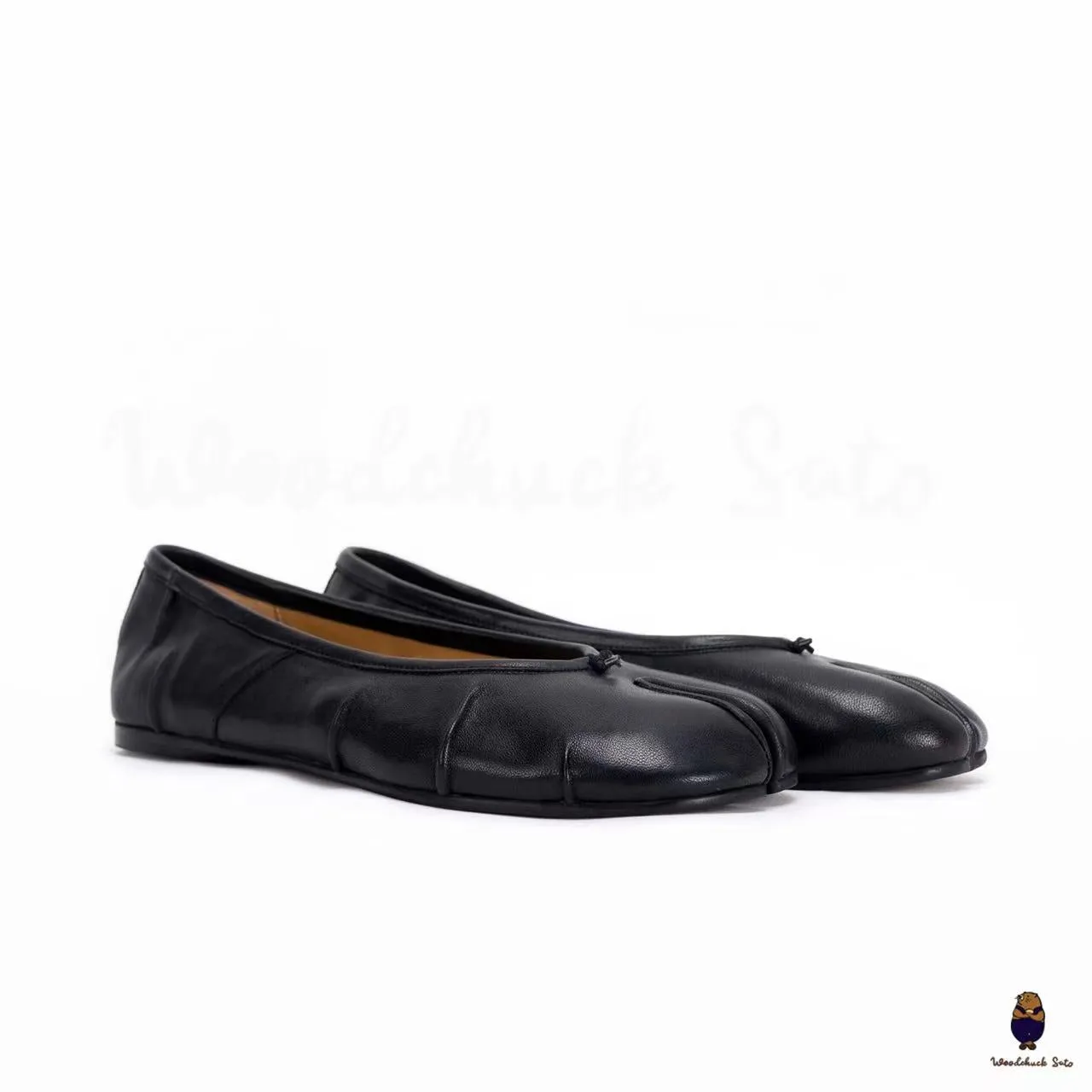 WoodchuckSato Black Leather Tabi Ballet Flats with Ruched sold by WoodChuckSato