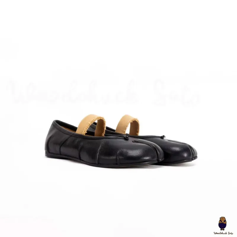 WoodChuckSato Women's Men's Black Tabi Split-Toe "Distressed" Leather Ballet Flats with Elastic Band Sizes EU 35-45 sold by WoodChuckSato