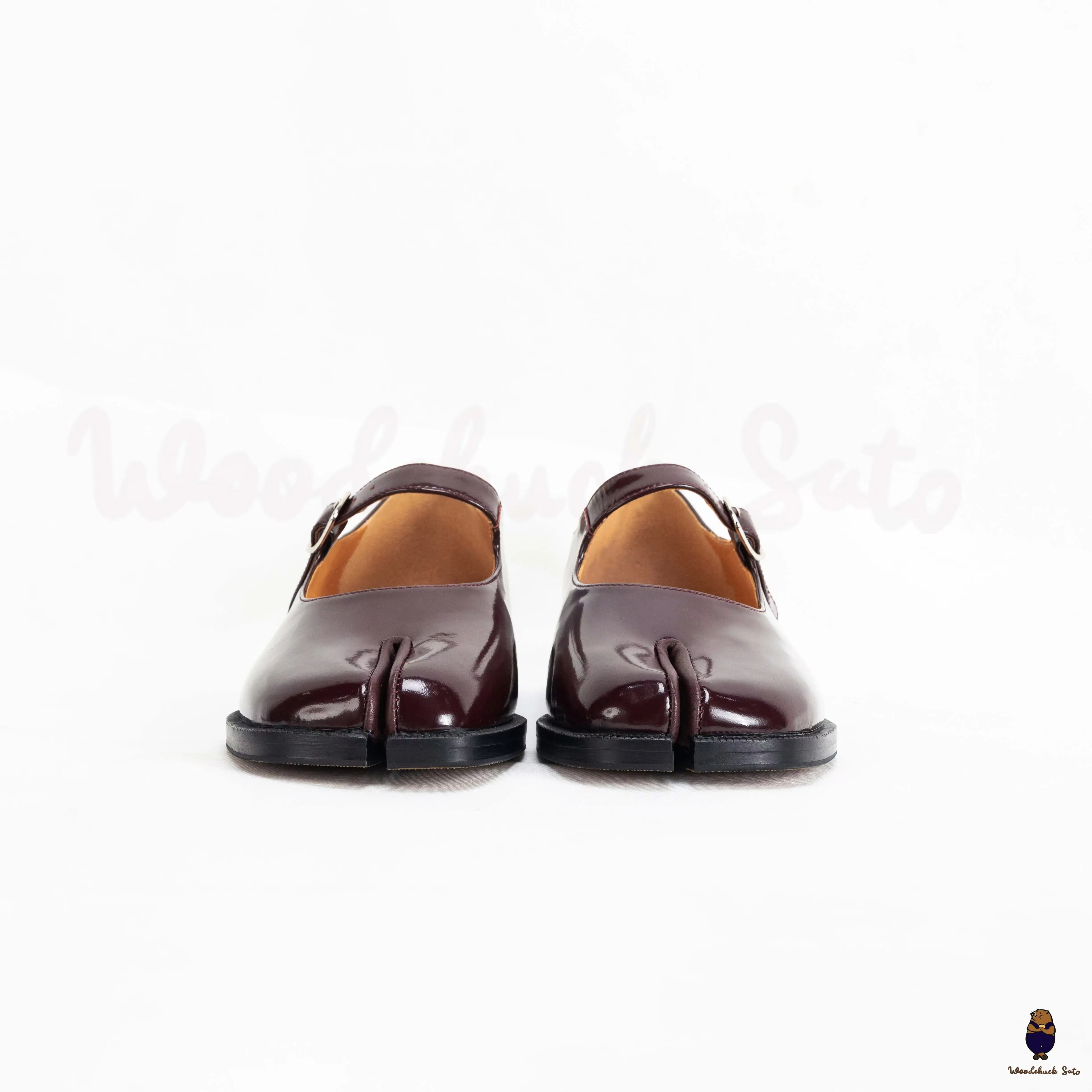 WoodchuckSato Burgundy Edge-Beaded Cowhide Leather Tabi Mary Jane Shoes sold by WoodChuckSato product image thumbnail 3