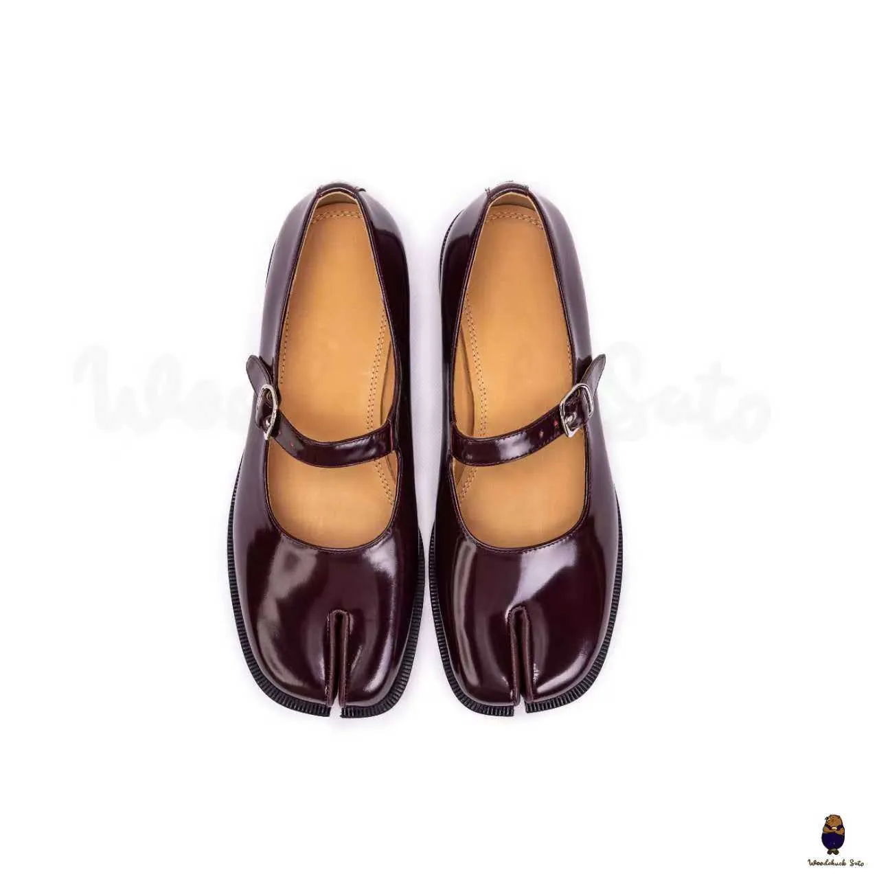 WoodchuckSato Burgundy Edge-Beaded Cowhide Leather Tabi Mary Jane Shoes sold by WoodChuckSato product image thumbnail 2
