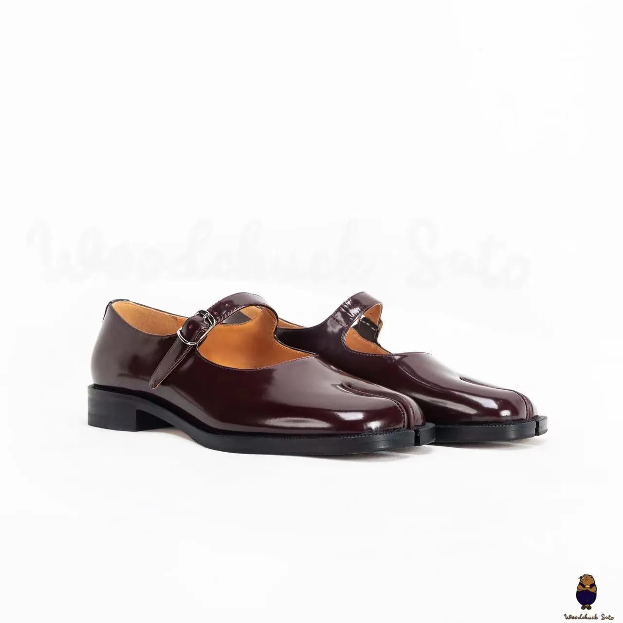 WoodchuckSato Burgundy Edge-Beaded Cowhide Leather Tabi Mary Jane Shoes sold by WoodChuckSato