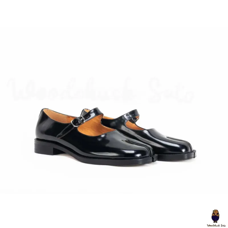 WoodchuckSato Black Edge-Beaded Cowhide Leather Tabi Mary Jane Shoes sold by WoodChuckSato