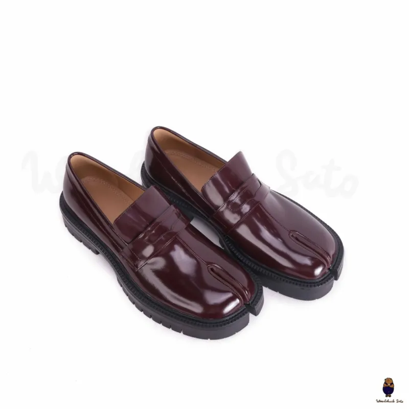 WoodchuckSato Burgundy Edge-Beaded Cowhide Leather Tabi Loafers with Chunky Sole sold by WoodChuckSato