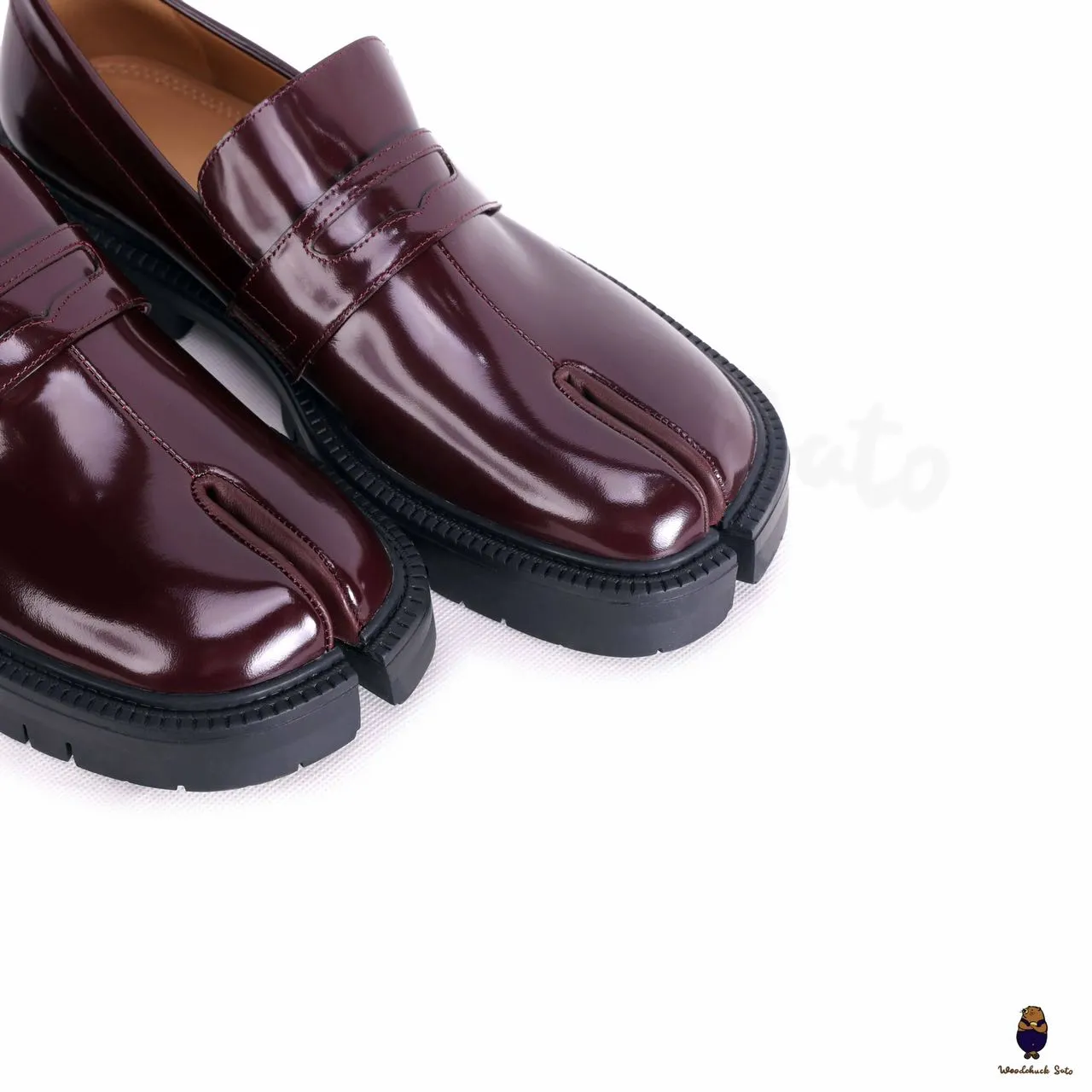 WoodchuckSato Burgundy Edge-Beaded Cowhide Leather Tabi Loafers with Chunky Sole sold by WoodChuckSato product image thumbnail 4
