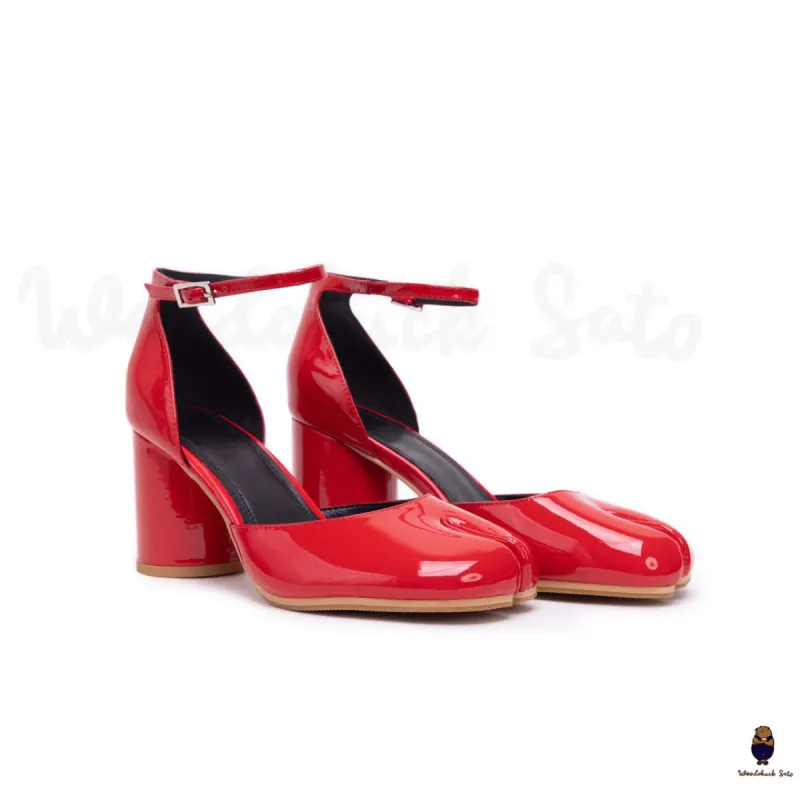 WoodchuckSato Red Patent Cow Leather Tabi 8 cm Heel with Ankle Strap sold by WoodChuckSato