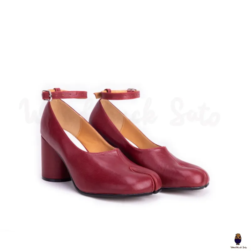 WoodchuckSato Burgundy Sheep Leather Tabi Block Heels with 8cm Heel and Ankle Strap sold by WoodChuckSato