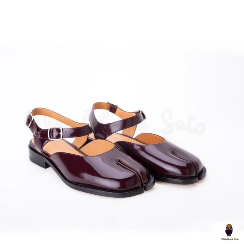 WoodchuckSato Burgundy Edge-Beaded Cowhide Leather Tabi Sandals with Open Heel and Strap sold by WoodChuckSato