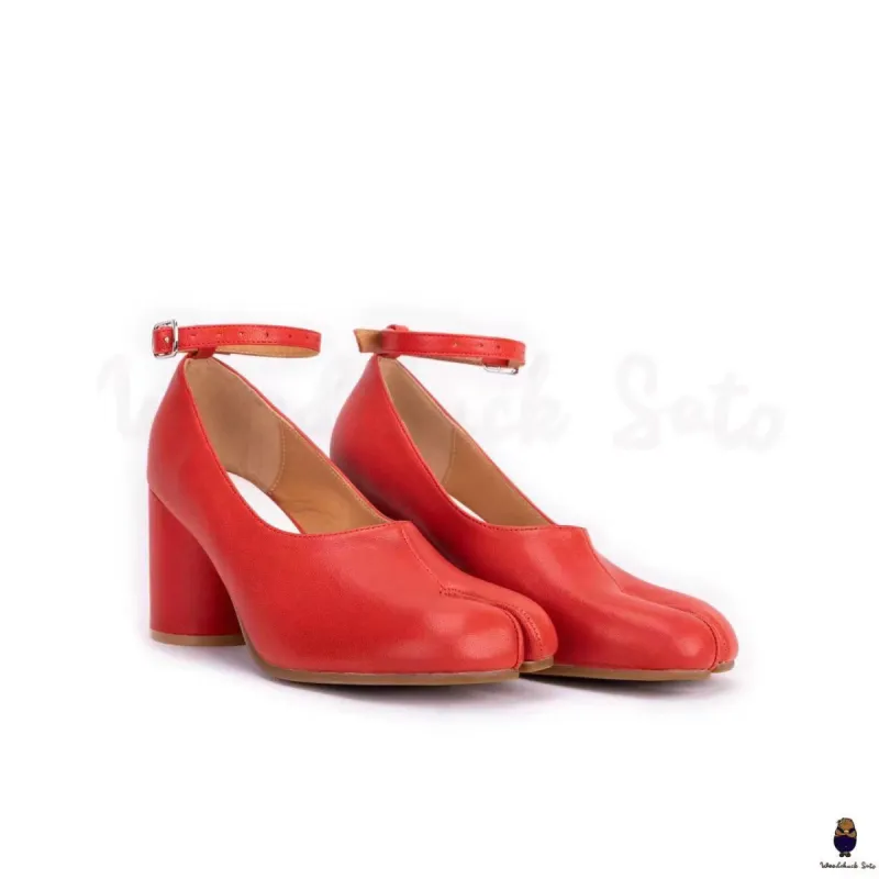 WoodchuckSato Red Sheep Leather Tabi 8 cm Heels with Ankle Strap sold by WoodChuckSato