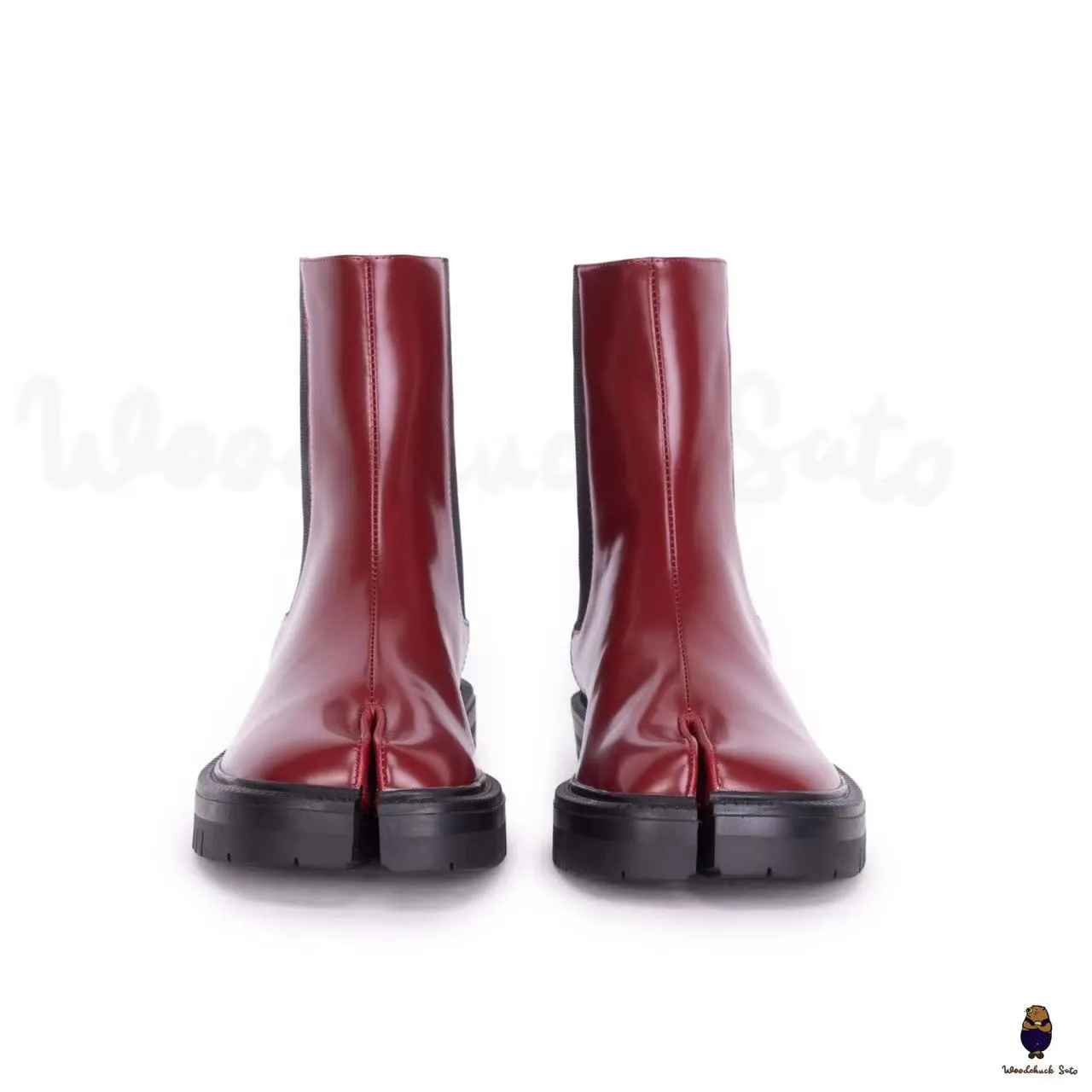 WoodChuckSato Women's Men's Burgundy Tabi Split-Toe Cow Leather Chelsea Elastic Boots with Chunky Cleated Sole Sizes EU 35-47 sold by WoodChuckSato product image thumbnail 2