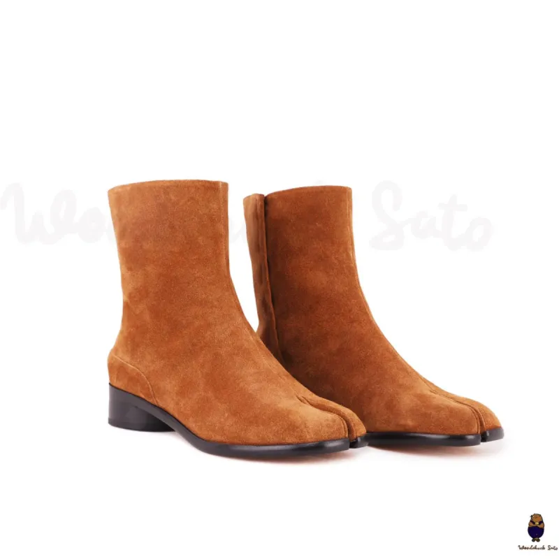 WoodChuckSato Women's Men's Caramel Brown Tabi Split-Toe Anti-Suede Leather Boots with 3cm Heel Height Sizes EU 35-48 sold by WoodChuckSato