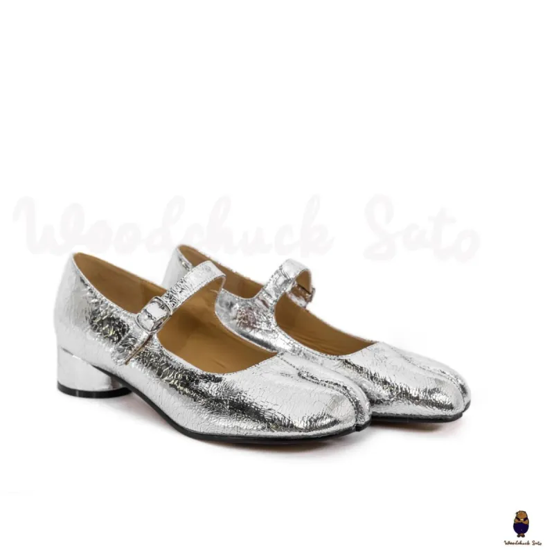 WoodchuckSato Cracked Silver Cow Leather Tabi Mary Jane Heels with Strap sold by WoodChuckSato