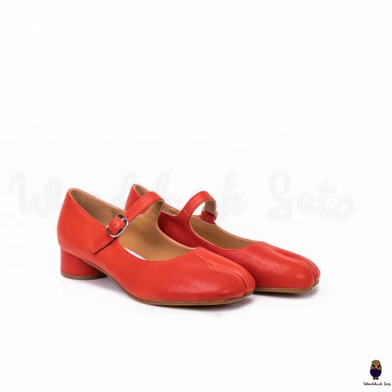 WoodchuckSato Red Sheep Leather Tabi Mary Jane Heels with Strap sold by WoodChuckSato