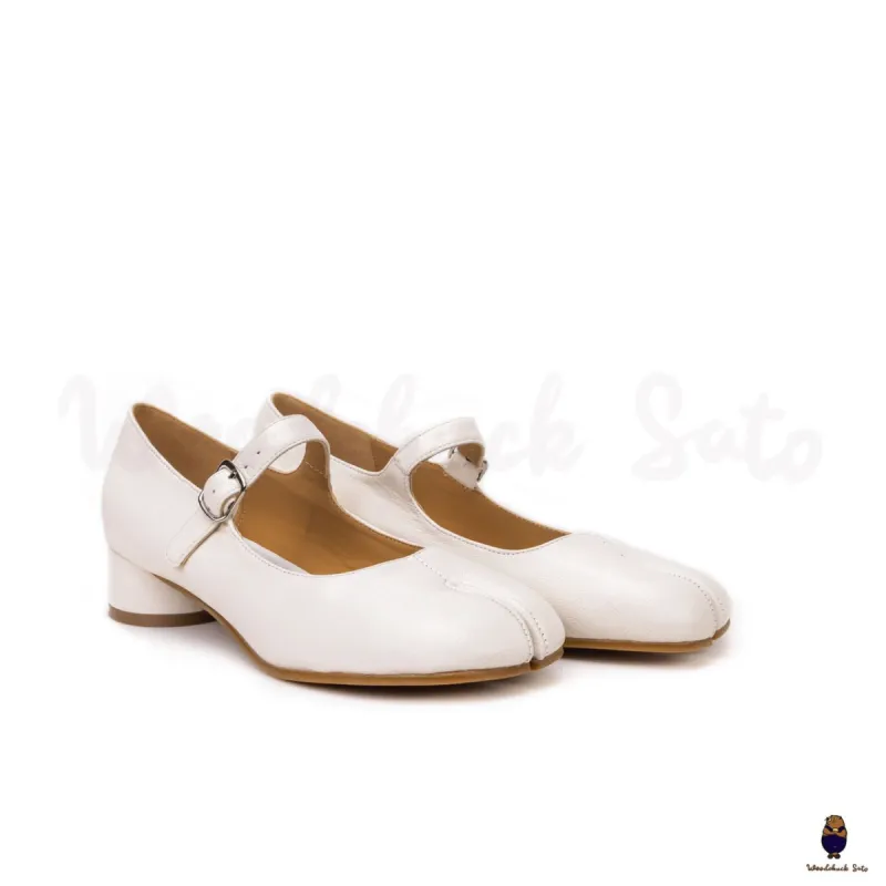 WoodchuckSato White Sheep Leather Tabi Mary Jane Heels with Strap sold by WoodChuckSato
