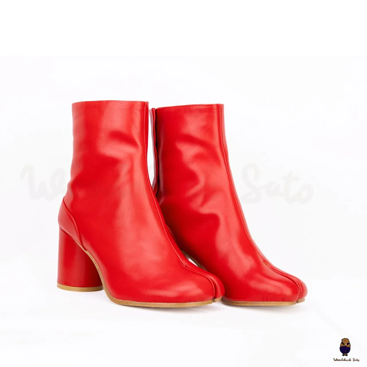 WoodchuckSato Red Cow Leather Tabi Ankle Boots with 8 cm Heel sold by WoodChuckSato