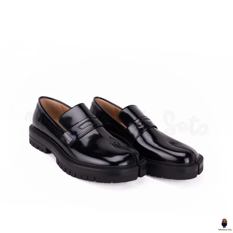 WoodChuckSato Women's Men's Black Tabi Split-Toe Cow Leather Loafers with Chunky Cleated Sole & Detachabl Blue Buckle Strap Sizes EU 35-47 sold by WoodChuckSato