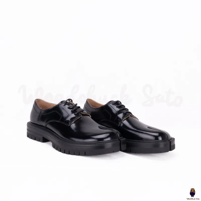 WoodchuckSato Black Edge-Beaded Cowhide Leather Tabi Lace-Up Derby Shoes with Chunky Sole sold by WoodChuckSato